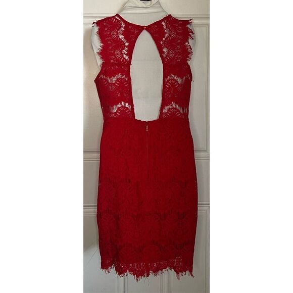 Red Lace Overlay Bodycon Dress (Size L) - Picture 2 of 7